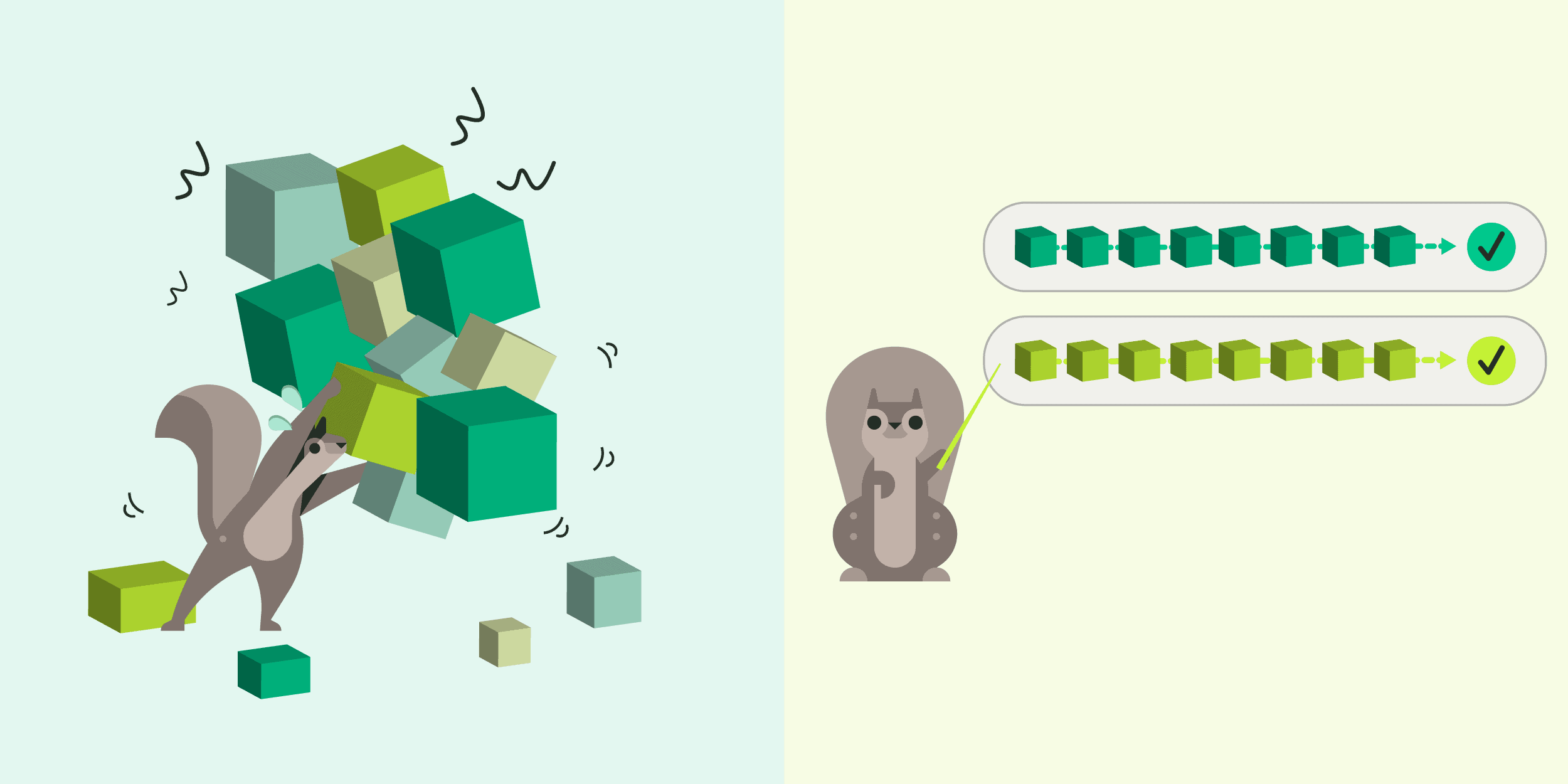 split illustration showing Mo struggling to carry a chaotic pile of uneven blocks on the left, contrasted with Mo calmly organizing blocks into neat, separate lanes on the right.
